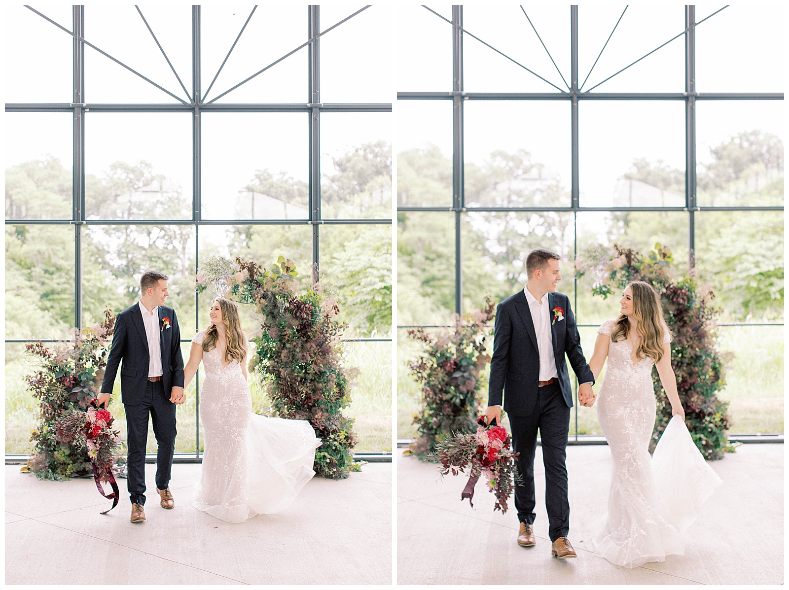 Bride and groom recessional at A-Vent Space floral altar