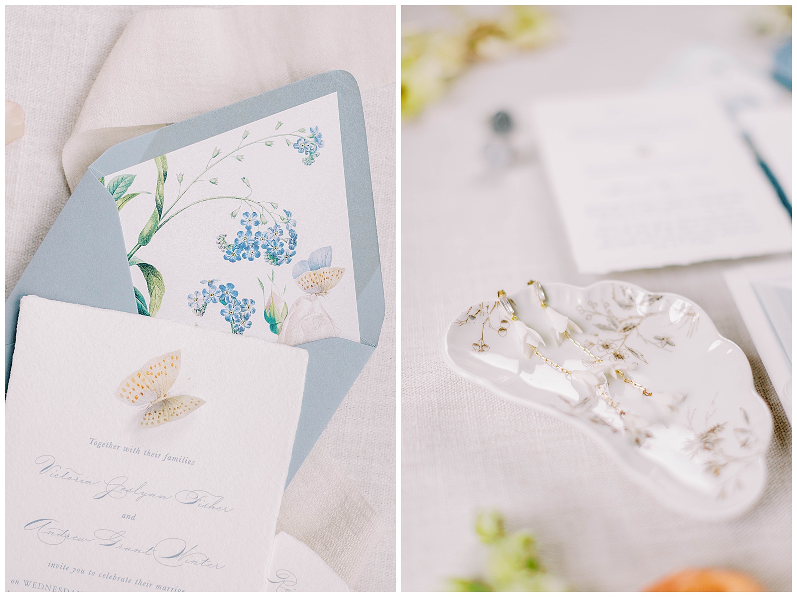 Oakwood Country Club, dusty blue garden inspired stationery with butterfly detail, anne marie designs custom wedding earrings
