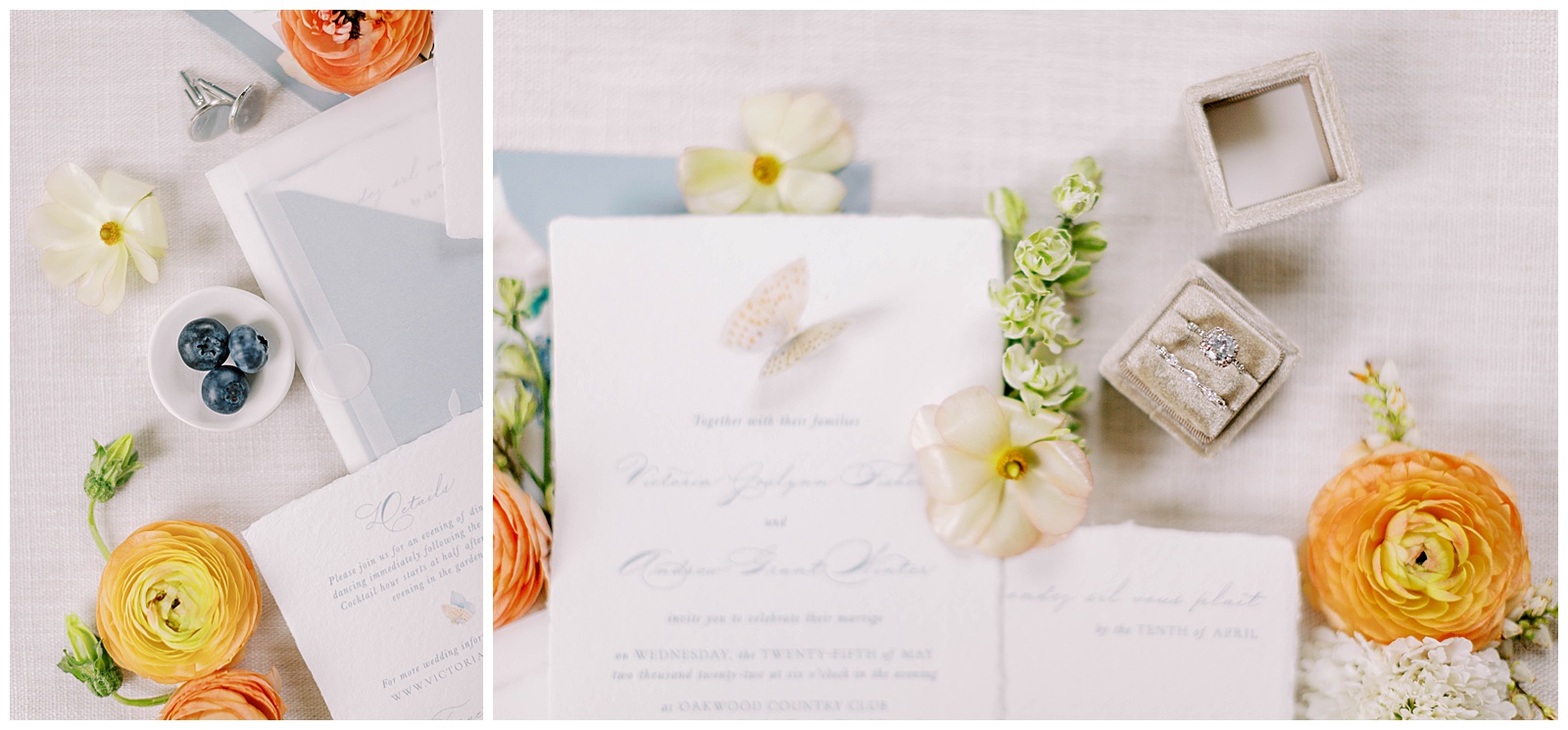 Oakwood Country Club, dusty blue garden inspired stationery with blueberries