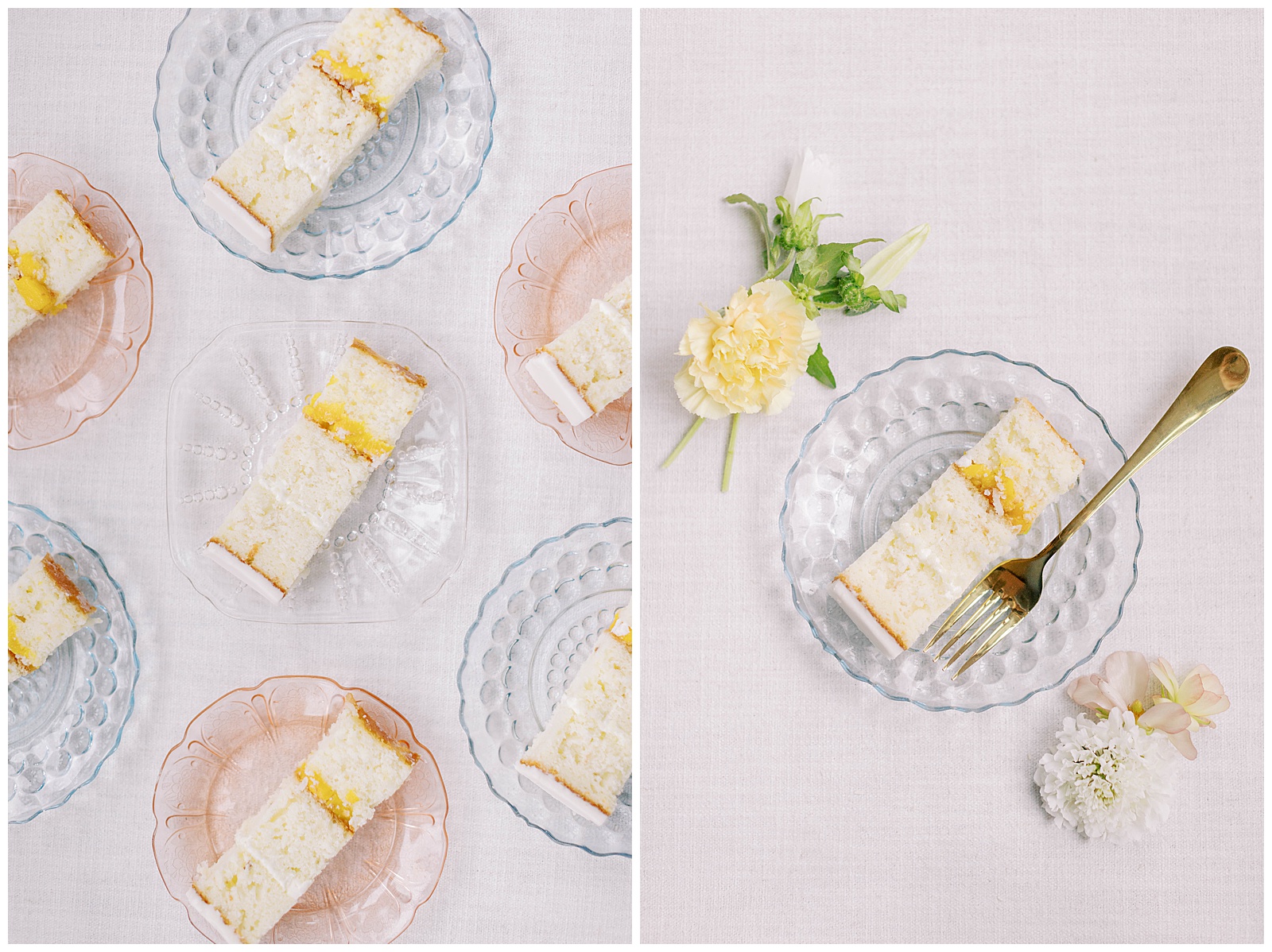 marigold cakes, cake slices, wedding cake flatlay