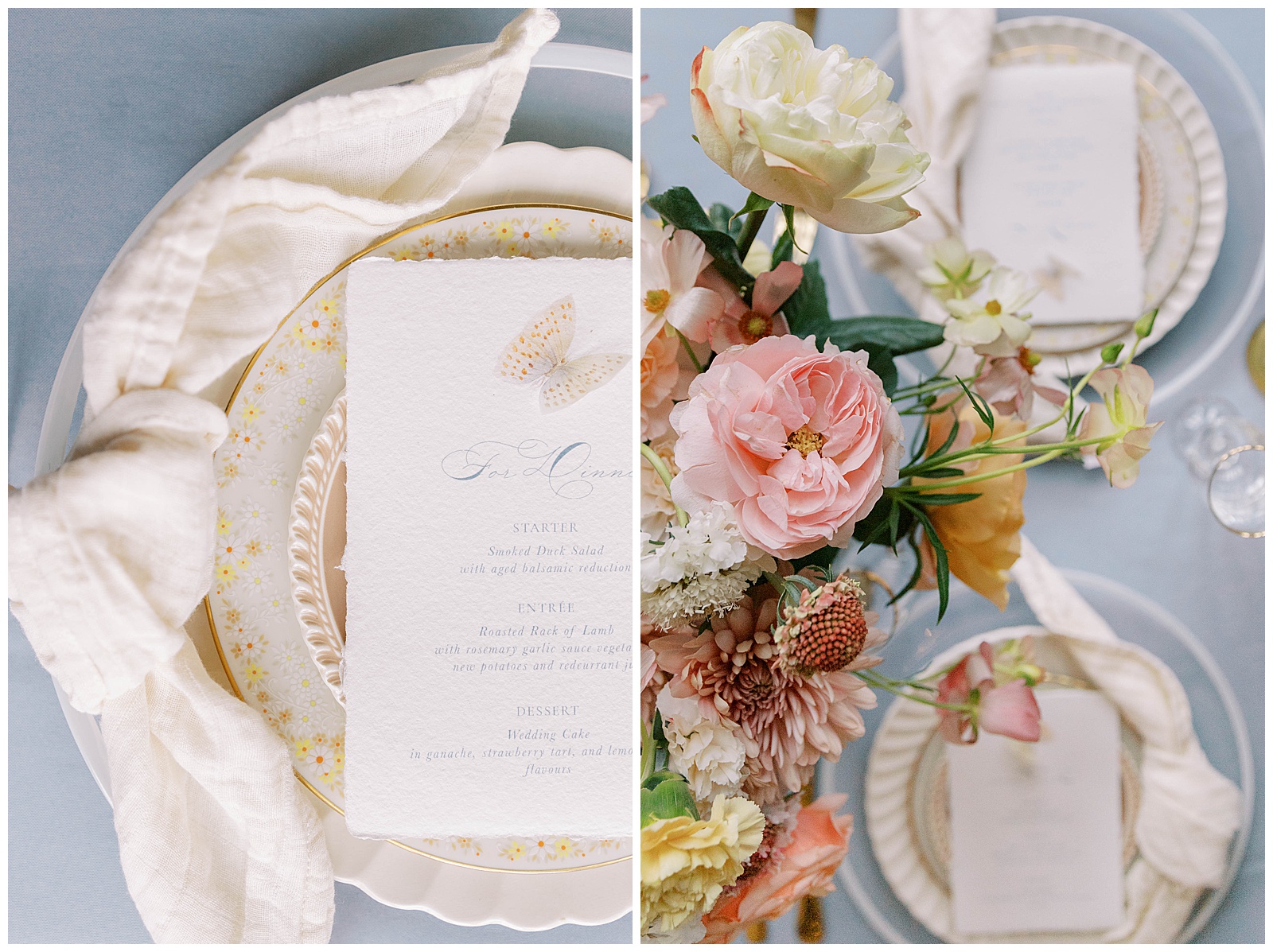 wedding table details, dusty blue with sunset florals, oakwood country club