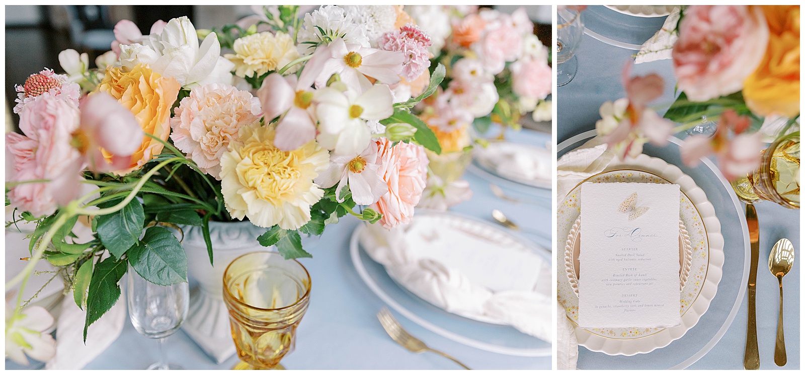 wedding table details, dusty blue with sunset florals
