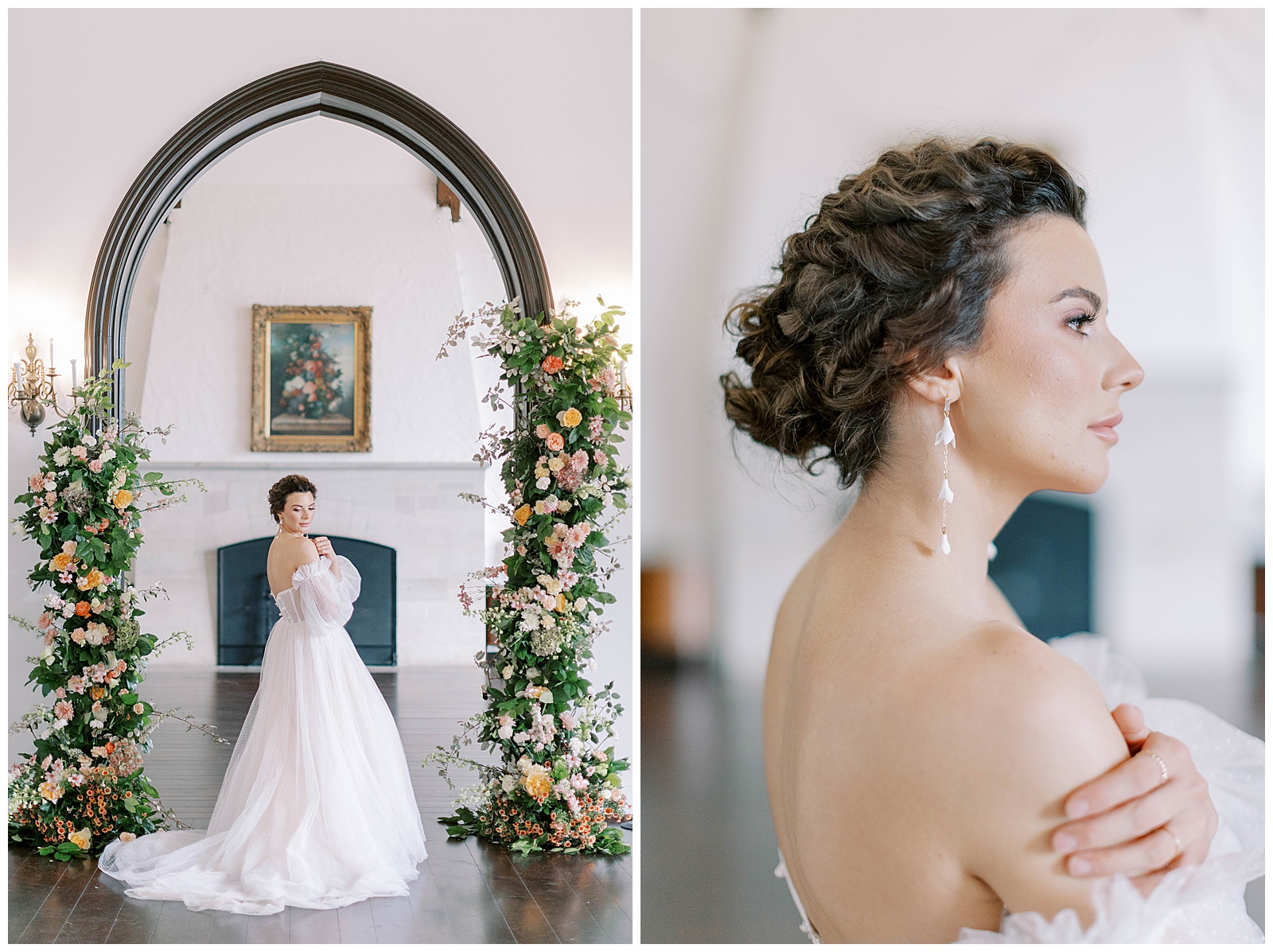 kansas city wedding, bride with floral arches, fine art insipired, anne marie designs earrings