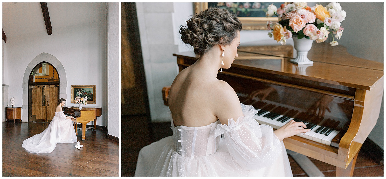 bride playing piano, fine art inspired, oakwood country club