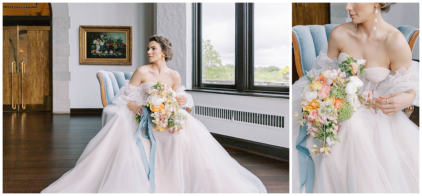 bride with florals dusty blue oakwood country club 
