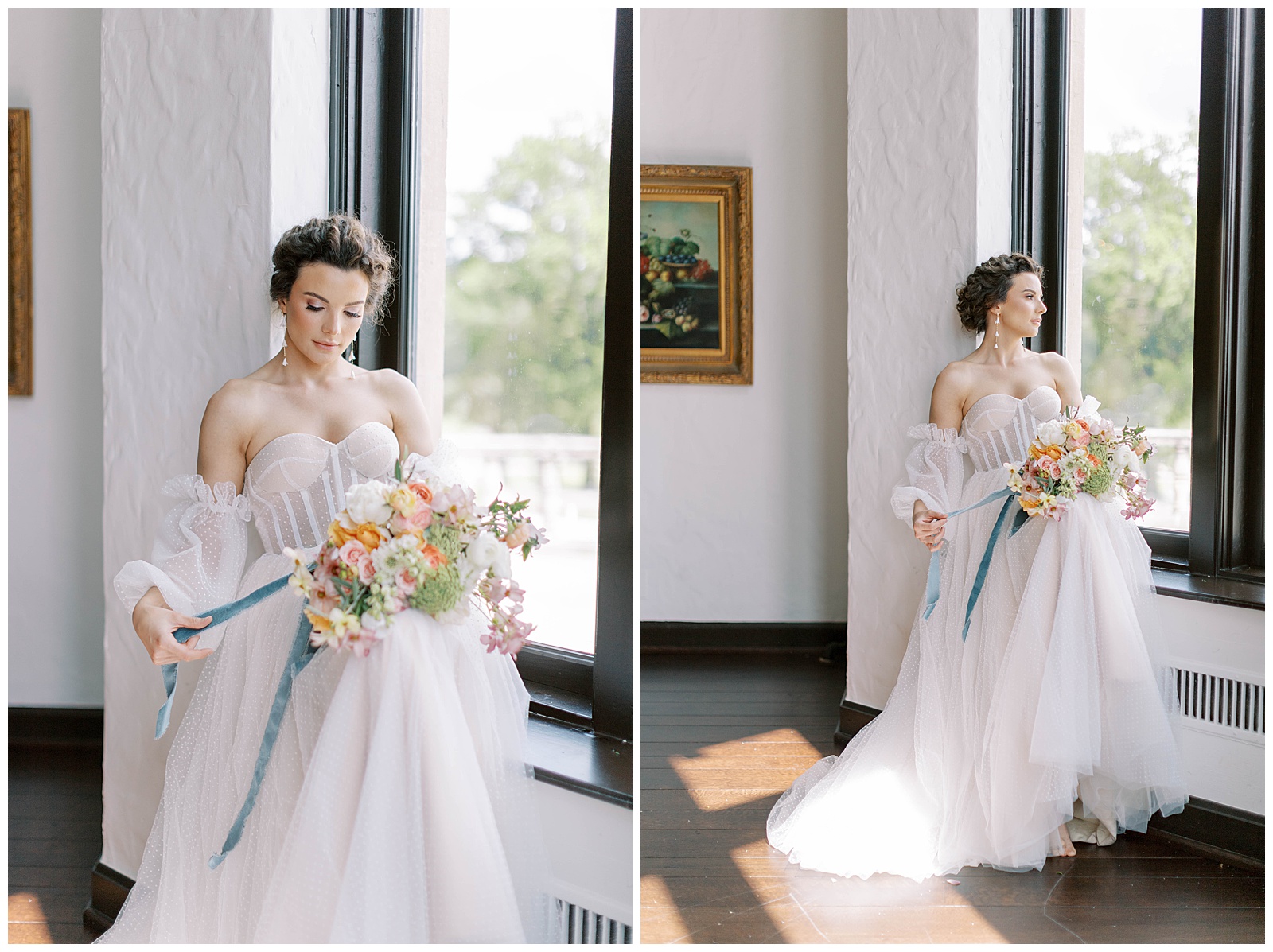bridal portraits with bouquet dusty blue fine art inspired