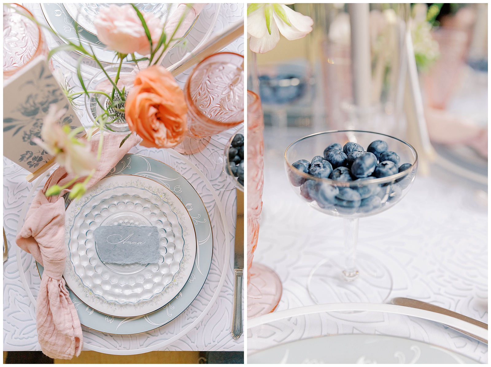 blueberry wedding detail dusty blue and peach